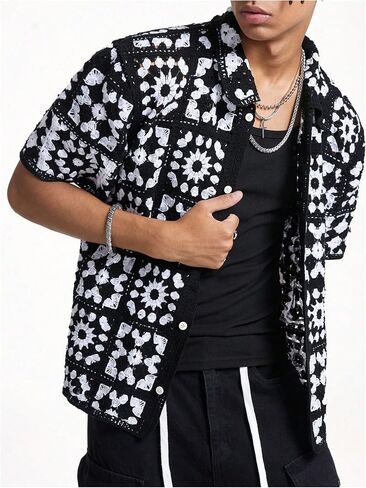 Men's Crochet Sweaters Hollow Out Button Down Collared Short Sleeve Sweater in Saudi Arabia