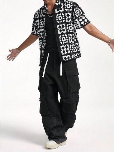 Men's Crochet Sweaters Hollow Out Button Down Collared Short Sleeve Sweater in Saudi Arabia