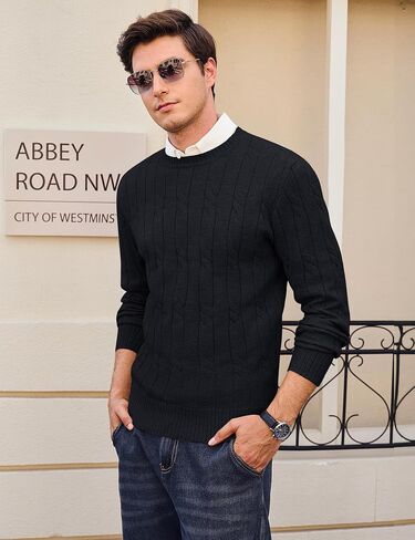 Cotrasen Men Crewneck Sweater Cable متماسكة سترة سحب سترة غير رسمية طويلة الأكمام سترات محكم in Kuwait