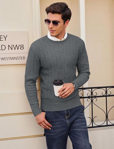 Cotrasen Men Crewneck Sweater Cable متماسكة سترة سحب سترة غير رسمية طويلة الأكمام سترات محكم in Kuwait