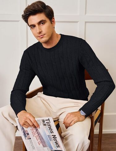 Cotrasen Men Crewneck Sweater Cable متماسكة سترة سحب سترة غير رسمية طويلة الأكمام سترات محكم in Kuwait