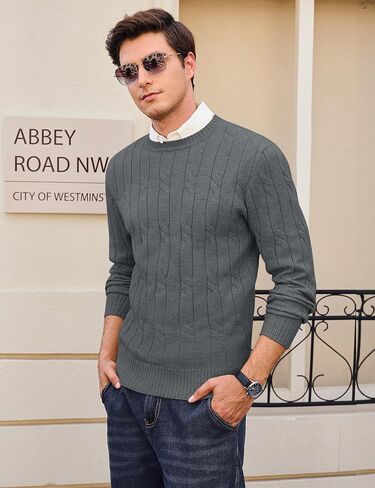 Cotrasen Men Crewneck Sweater Cable متماسكة سترة سحب سترة غير رسمية طويلة الأكمام سترات محكم in Kuwait