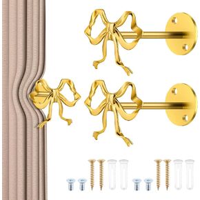 2 Pack Metal Bow Curtain Tiebacks, Gold Wall Mounted Curtain Holdbacks Bow Modern Decorative Drapery Pull Back Hooks with Screws Accessories for Girls Bedroom Living Room Home Office Decor in Saudi Arabia