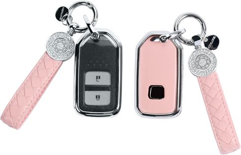 متوافق مع غطاء Honda Key Fob مع سلسلة مفاتيح، حافظة بديلة لمفتاح السيارة بأحجار الراين الكريستالية، غطاء مفتاح أبيض مناسب لسيارة Honda Accord Civic CRV Pilot HRV Odyssey Ridgeline Passport in Kuwait