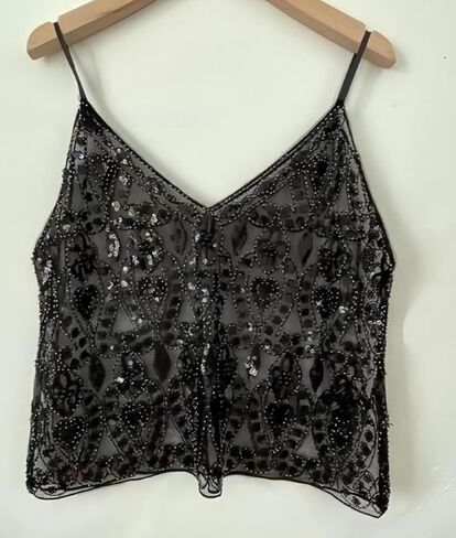 Women v Neck Sequin Cami Top Sexy See من خلال Camisole Strape Cute Beaded Top Out Out Out Form in Kuwait