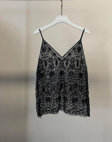 Women v Neck Sequin Cami Top Sexy See من خلال Camisole Strape Cute Beaded Top Out Out Out Form in Kuwait