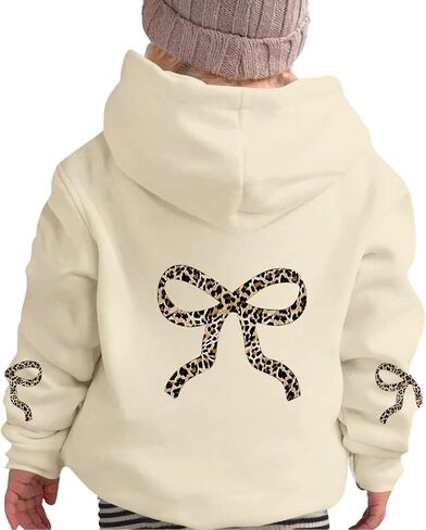 Bobeutou Girl's Leopard Bow Graphic Hoodies Cute Hooded Sweatshirts Kids Preppy Hoodie Long Sleeve Pullover Tops 3-12Y in Kuwait