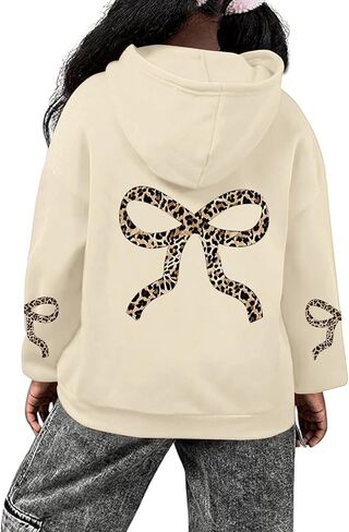 Bobeutou Girl's Leopard Bow Graphic Hoodies Cute Hooded Sweatshirts Kids Preppy Hoodie Long Sleeve Pullover Tops 3-12Y in Kuwait
