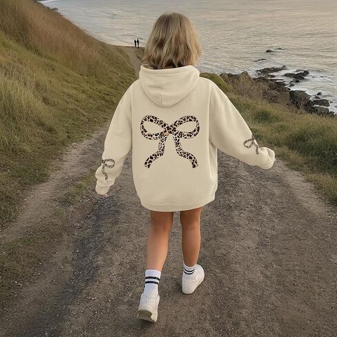 Bobeutou Girl's Leopard Bow Graphic Hoodies Cute Hooded Sweatshirts Kids Preppy Hoodie Long Sleeve Pullover Tops 3-12Y in Kuwait