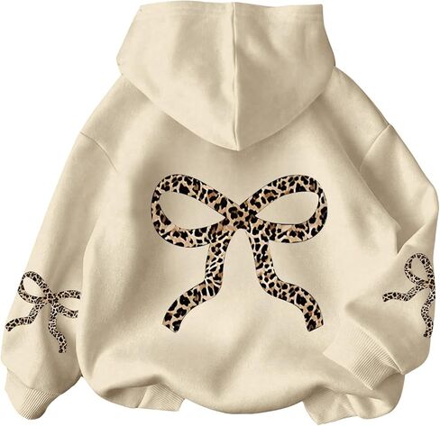 Bobeutou Girl's Leopard Bow Graphic Hoodies Cute Hooded Sweatshirts Kids Preppy Hoodie Long Sleeve Pullover Tops 3-12Y in Kuwait