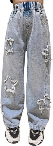SANGTREE Girls Denim Elastic Waist Wide Leg Pants Baggy Jeans for Girls,2# Black,11-12Y = Tag 160 in Saudi Arabia