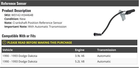 Crankshaft Position Reference Sensor - Compatible with 1990-1993 Dodge Dakota 3.9L 5.2L with Automatic Transmission in Saudi Arabia
