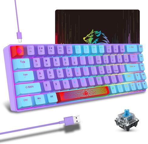 60% Percent Wired Mechanical Keyboard, RGB Backlight Compact 68 key Small Gaming Keyboard All Keys Anti-Ghost, Type-C Waterproof Color Mouse Pad for Windows Laptop PC Mac (Blue Purple & Blue Switch) in Kuwait