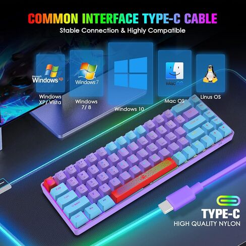 60% Percent Wired Mechanical Keyboard, RGB Backlight Compact 68 key Small Gaming Keyboard All Keys Anti-Ghost, Type-C Waterproof Color Mouse Pad for Windows Laptop PC Mac (Blue Purple & Blue Switch) in Kuwait