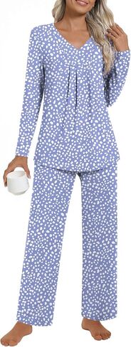 Anyhold Womens Fall Pajama Sets 2 Piece Long Sleeve Pjs, Ladies Sleepwear Pleated Outfits Lounge Set with Pockets in Saudi Arabia