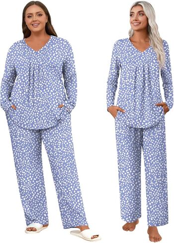 Anyhold Womens Fall Pajama Sets 2 Piece Long Sleeve Pjs, Ladies Sleepwear Pleated Outfits Lounge Set with Pockets in Saudi Arabia