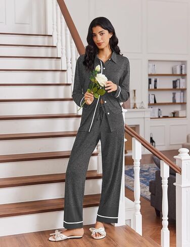 Ekouaer Womens Pajama Sets Long Sleeve Sleepwear Soft Button Down Pjs 2 Piece Loungewear witn Pants S-XXL in Saudi Arabia