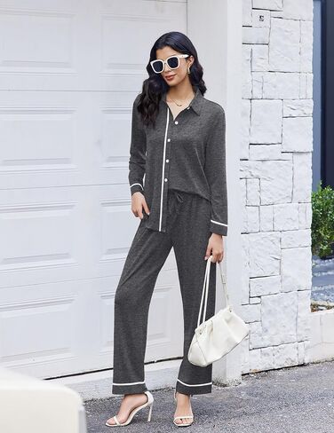 Ekouaer Womens Pajama Sets Long Sleeve Sleepwear Soft Button Down Pjs 2 Piece Loungewear witn Pants S-XXL in Saudi Arabia