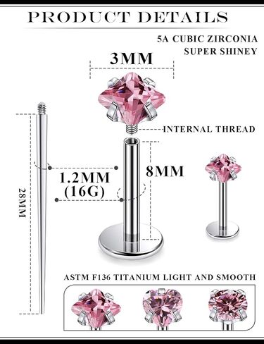 16G F136 Titanium Lip Rings CZ Labret Jewelry Internally Threaded Monroe Lip Ring Medusa Snake Bite Piercing Jewelry Conch Tragus Forward Helix Cartilage Earring Studs Piercing Jewelry in Kuwait