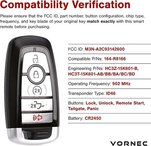 Smart Remote Key Fob Replacement for Ford F-150/Raptor/F-250/F-350/F-450/F-550 (2017–2023), F-650/F-750 (2023) – FCC ID M3N-A2C93142600, P/N 164-R8166, 5 Buttons – Remote Start, Tailgate, Panic in Saudi Arabia