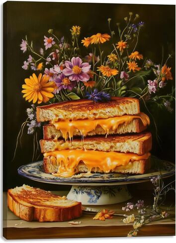 Ovczax Vintage Wall Art, Gourmet Grilled Cheese Canvas Wall Art - Floral Sandwich Kitchen Decor Framed 12" x 16" in Saudi Arabia