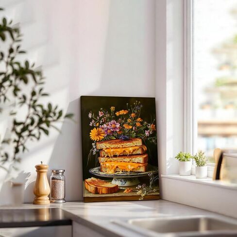 Ovczax Vintage Wall Art, Gourmet Grilled Cheese Canvas Wall Art - Floral Sandwich Kitchen Decor Framed 12" x 16" in Saudi Arabia