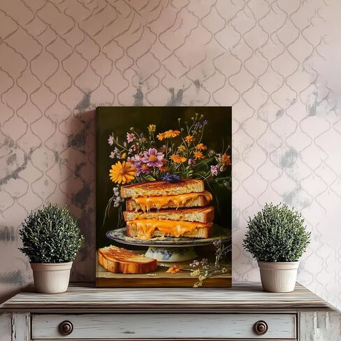 Ovczax Vintage Wall Art, Gourmet Grilled Cheese Canvas Wall Art - Floral Sandwich Kitchen Decor Framed 12" x 16" in Saudi Arabia