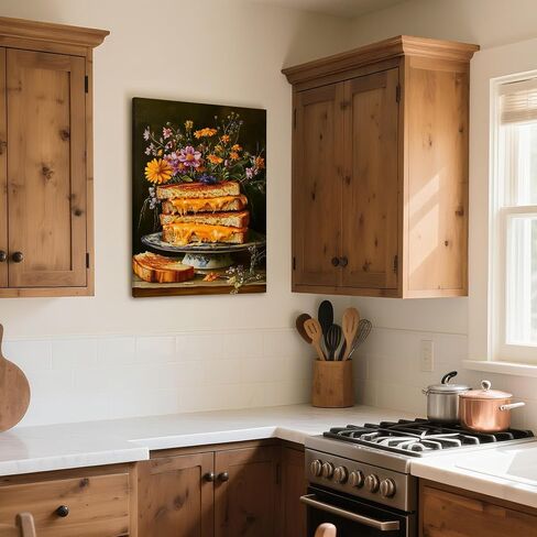 Ovczax Vintage Wall Art, Gourmet Grilled Cheese Canvas Wall Art - Floral Sandwich Kitchen Decor Framed 12" x 16" in Saudi Arabia
