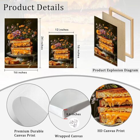 Ovczax Vintage Wall Art, Gourmet Grilled Cheese Canvas Wall Art - Floral Sandwich Kitchen Decor Framed 12" x 16" in Saudi Arabia