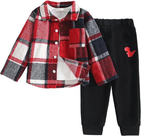 Ayzozuy Toddler Boy Clothes Button Down Plaid Sweatshirt Pants 2PCS Boy Winter Fall Outfits Set in Saudi Arabia
