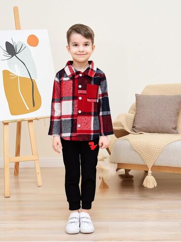 Ayzozuy Toddler Boy Clothes Button Down Plaid Sweatshirt Pants 2PCS Boy Winter Fall Outfits Set in Saudi Arabia