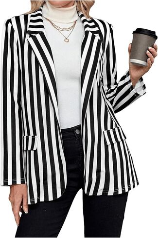 SweatyRocks Women's Striped Blazer Lapel Neck Open Front Long Sleeves Business Casual Jacket in Saudi Arabia