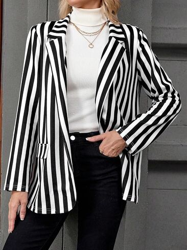 SweatyRocks Women's Striped Blazer Lapel Neck Open Front Long Sleeves Business Casual Jacket in Saudi Arabia