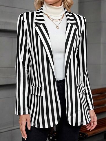 SweatyRocks Women's Striped Blazer Lapel Neck Open Front Long Sleeves Business Casual Jacket in Saudi Arabia