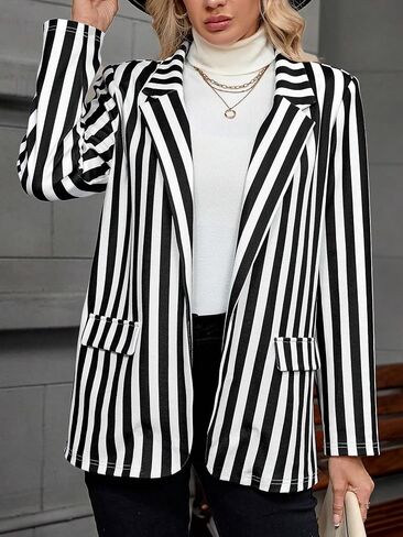 SweatyRocks Women's Striped Blazer Lapel Neck Open Front Long Sleeves Business Casual Jacket in Saudi Arabia