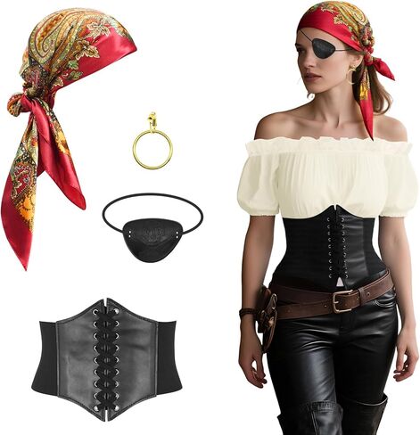 Pirate Costume for Women with Accessories Renaissance Short sleeve Blouse Belt Headscarf Set Cosplay in Kuwait