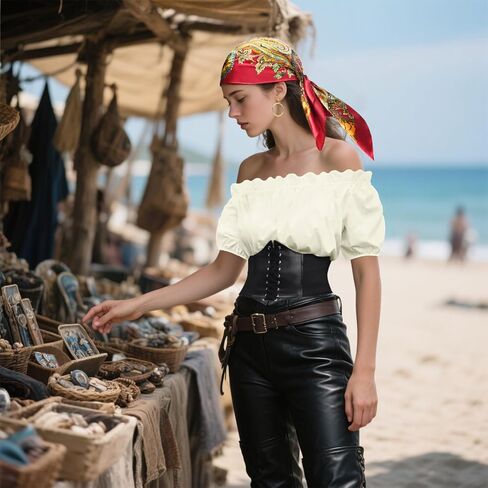 Pirate Costume for Women with Accessories Renaissance Short sleeve Blouse Belt Headscarf Set Cosplay in Kuwait