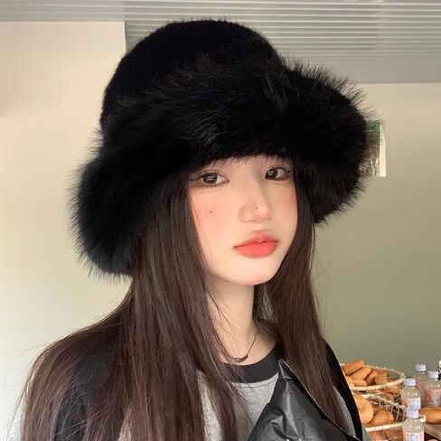 Women's Faux Fur Winter Bucket Hat Fluffy Warm Hat Fuzzy Bucket Hat Winter Wrap Hat in Saudi Arabia