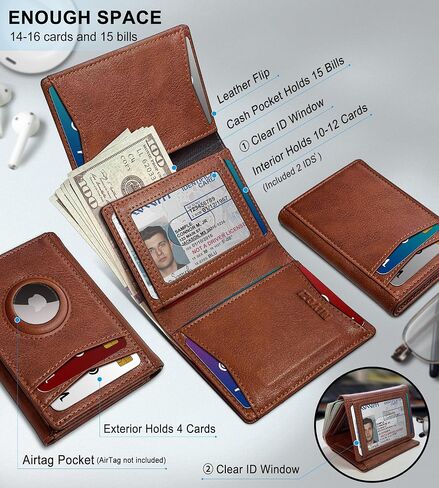 Airtag Wallet for Men,with Cash Pocket 2 ID Window 14-16 Cards Magnetic Closure Slim Trifold Leather Wallet 4.0"x3.1", RFID Blocking Front Pocket Wallet with Gift Box in Saudi Arabia