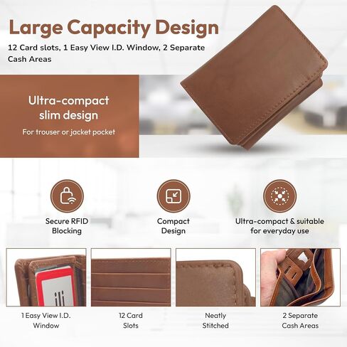 محفظة متميزة للرجال ، محفظة أنيقة من Trifold Trifold مع عرض Easy-View I.D. نافذة ، 2 جيوب نقدية ، و 12 فتحات بطاقة + تخزين إضافي (أسود) in Saudi Arabia