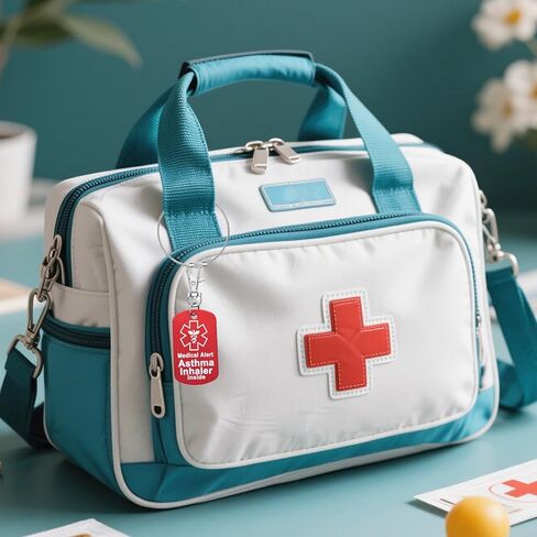 علامة الأمتعة التنبيه الطبي ، المعدات الطبية ، استنشاق الربو ، الطب ، epipen في الداخل ، علامة السحاب الأكياس الطبية in Kuwait