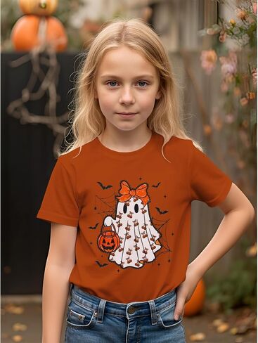 Girls Halloween Shirt Kids Ghost Pumpkin Graphic T-Shirt Cute Spooky Season Tee Funny Bats Print Short Sleeve Tops in Saudi Arabia