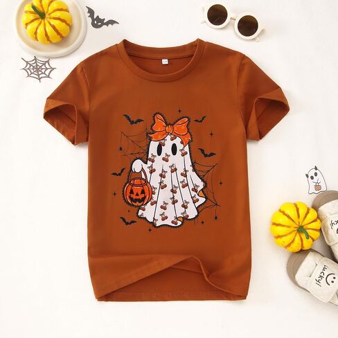 Girls Halloween Shirt Kids Ghost Pumpkin Graphic T-Shirt Cute Spooky Season Tee Funny Bats Print Short Sleeve Tops in Saudi Arabia