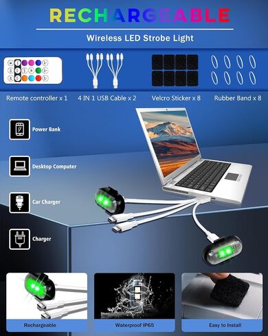 LED اللاسلكي LED Strobe Lights قابلة لإعادة شحنها مع 8 ألوان USB مضادات اللاسلكي مضادة للاصطدام لارتكاب السيارات لسيارة الطائرات الطائرات الجولف جولف عربة القوارب مقاومة للماء ، 8pcs in Kuwait