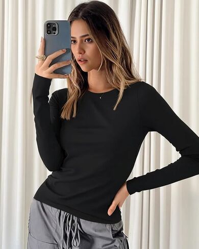 Womens Long Sleeve Shirts Basic Tees Y2k Slim Fit T Shirt Crew Neck Trendy Crop Top Casual in Kuwait