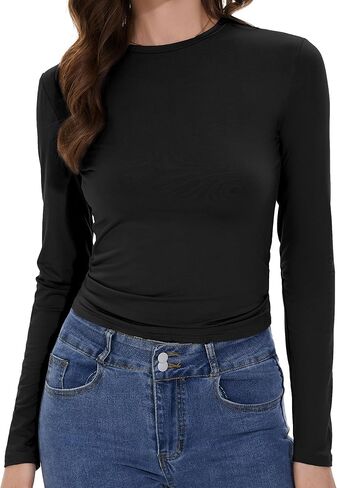 Womens Long Sleeve Shirts Basic Tees Y2k Slim Fit T Shirt Crew Neck Trendy Crop Top Casual in Kuwait
