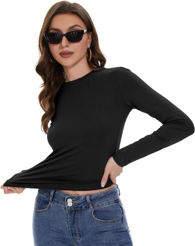 Womens Long Sleeve Shirts Basic Tees Y2k Slim Fit T Shirt Crew Neck Trendy Crop Top Casual in Kuwait