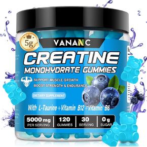 Creatine Monohydrate Gummies 5g for Men & Women,120 Sugar-Free Chews Pre Workout Creatine Supplement with L-Taurine & Vitamins for Muscle Strength, Boost Energy & Endurance-Blueberry Flavor in Saudi Arabia