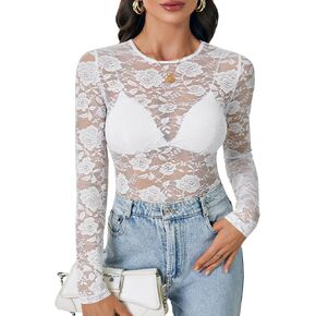 LYANER Women's Sexy Mesh Top Floral Long Sleeve See Through Shirt Lace Sheer Blouses in Kuwait