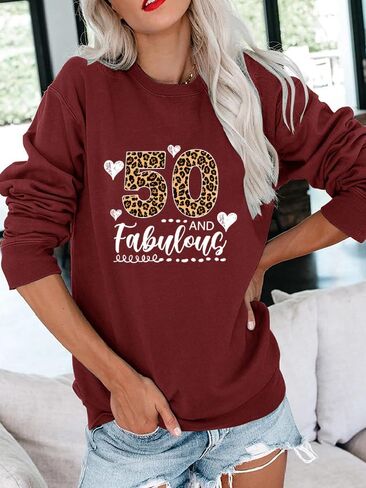 Leopard 50 and Fabulous 50th Birthday Gifts Women Graphic Sweatshirt Long Sleeve Party Shirts in Kuwait